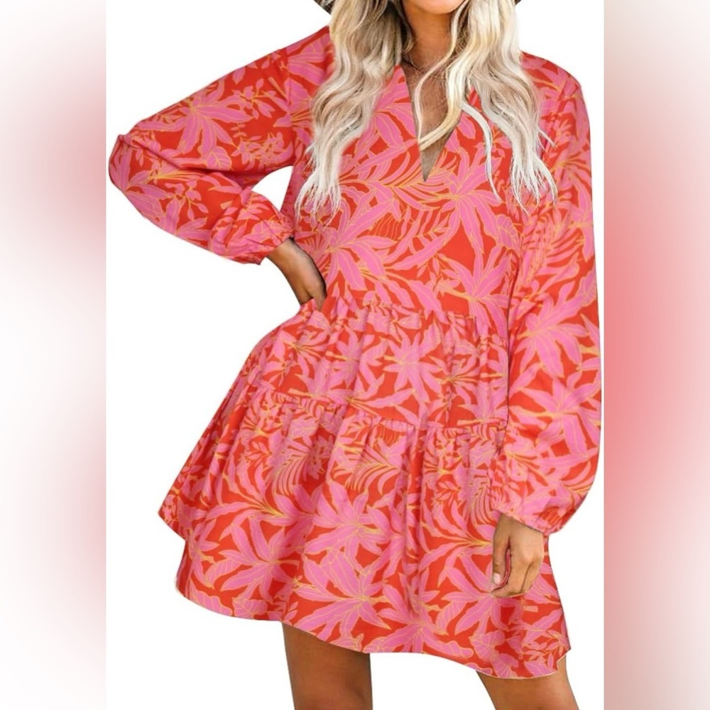FANCYINN Shift Tunic Dress for Women Ruffle Swing long Sleeve Dress With Pockets